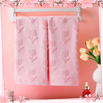 2 Pcs Light Pink Tulip Hand Towels 100% Cotton Jacquard Weave