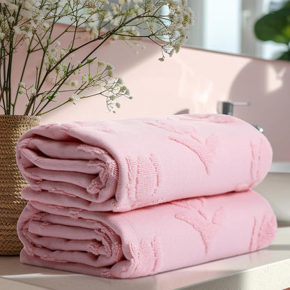 2 Pcs Light Pink Tulip Hand Towels 100% Cotton Jacquard Weave