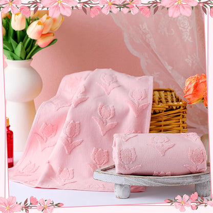 2 Pcs Light Pink Tulip Hand Towels 100% Cotton Jacquard Weave