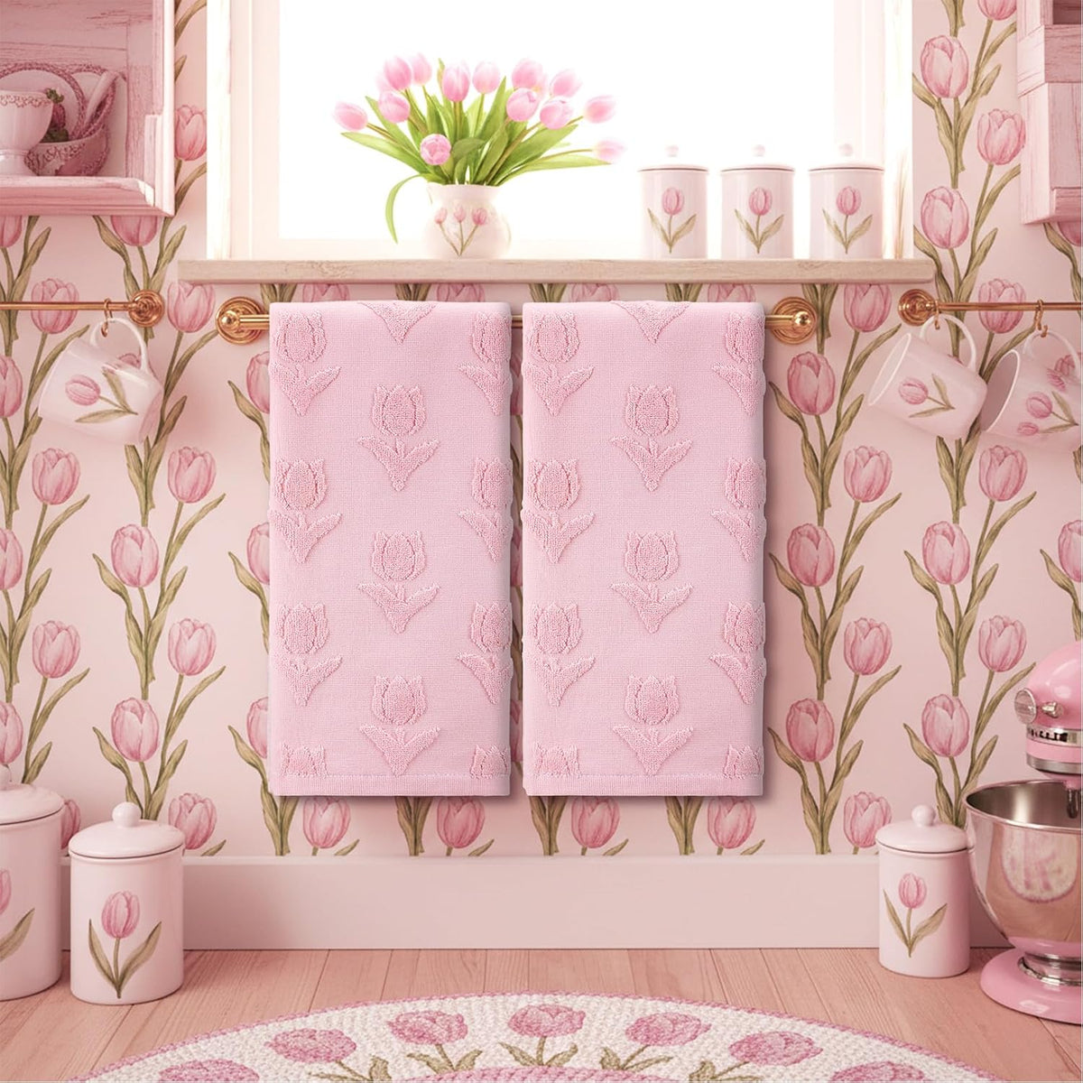2 Pcs Light Pink Tulip Hand Towels 100% Cotton Jacquard Weave