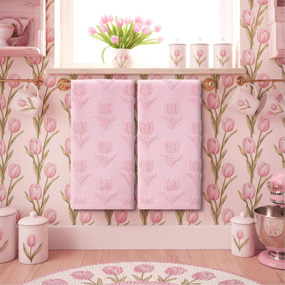 2 Pcs Light Pink Tulip Hand Towels 100% Cotton Jacquard Weave