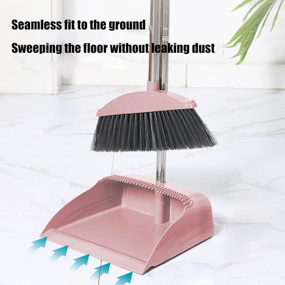Broom and Dustpan Set for Home Indoor 180 Rotatable Broom with Dustpan Combo Set for Office Home Kitchen Lobby Floor Cleaning Broom Dustpan for Indoor & Outdoor Sweeping (Pink)
