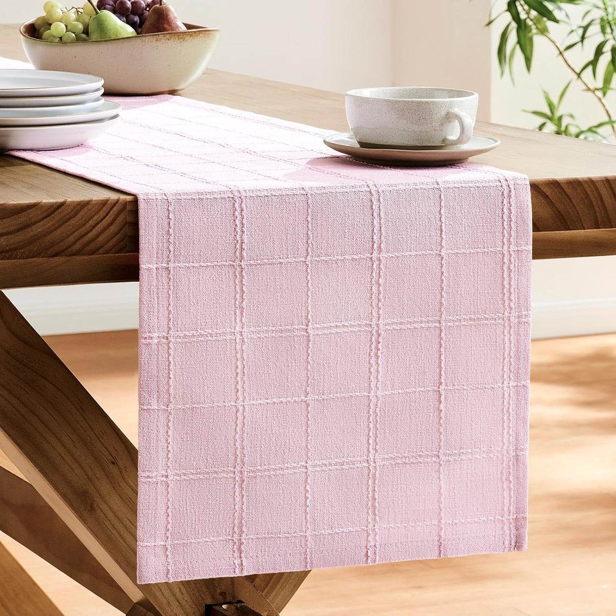 ZeeMart Linen Checked Farmhouse Table Runner, 13x72 Inches Pink