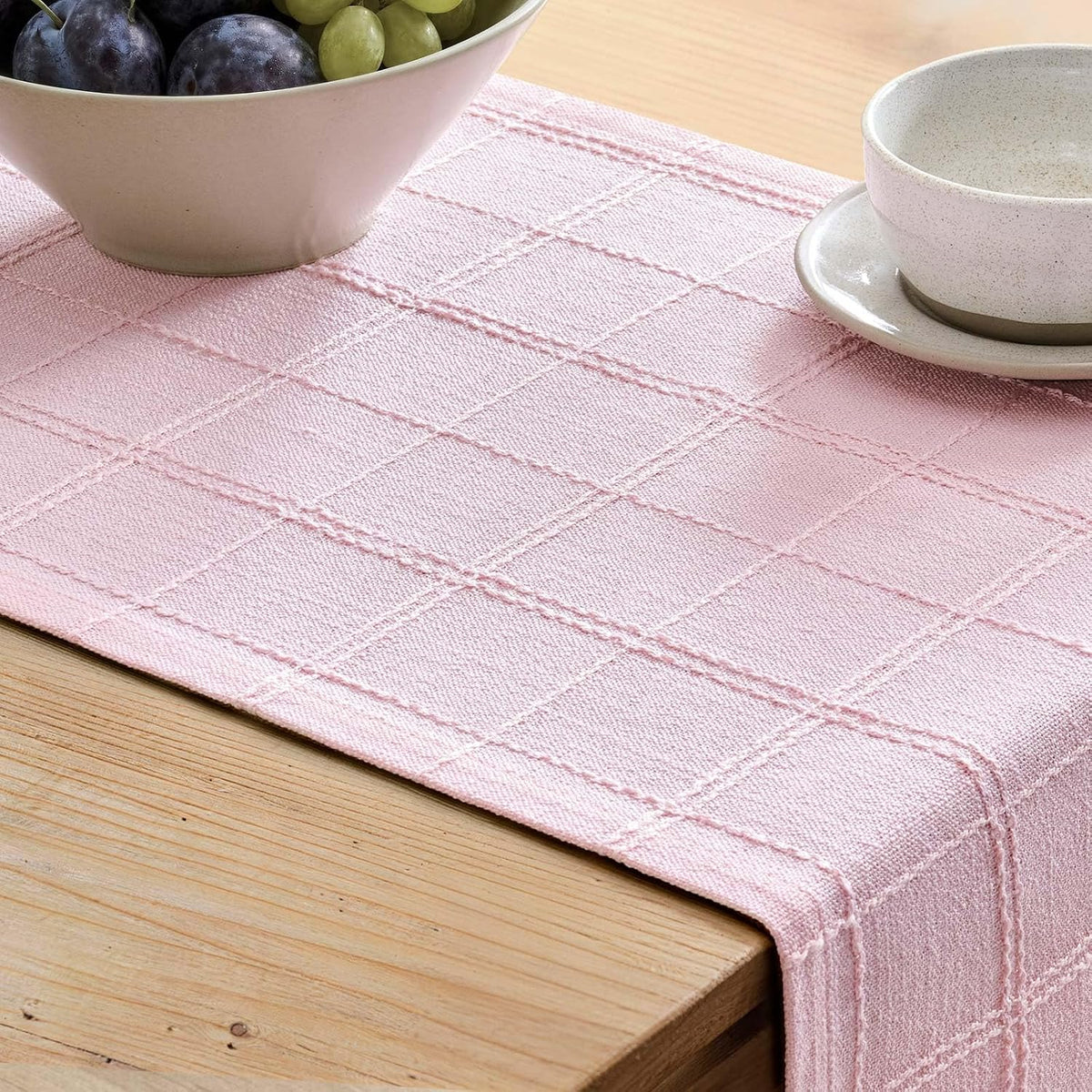 ZeeMart Linen Checked Farmhouse Table Runner, 13x72 Inches Pink