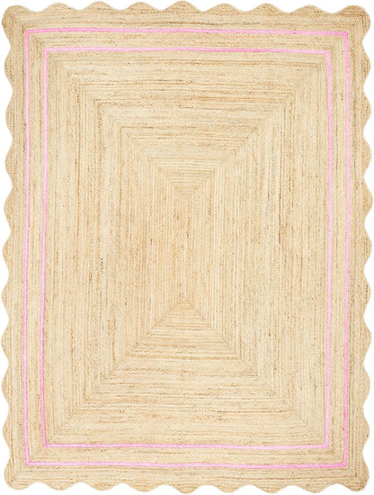 Wave Scalloped Jute Rug Entryway Natural Boho Area Rug Light Pink 5'x5'