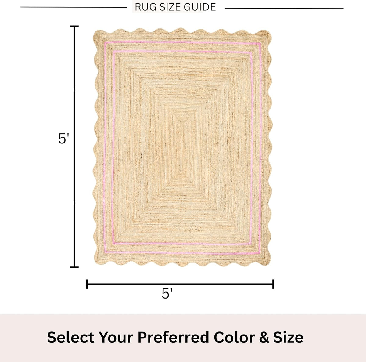 Wave Scalloped Jute Rug Entryway Natural Boho Area Rug Light Pink 5'x5'