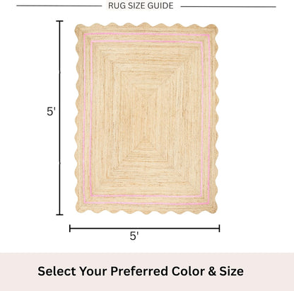 Wave Scalloped Jute Rug Entryway Natural Boho Area Rug Light Pink 5'x5'