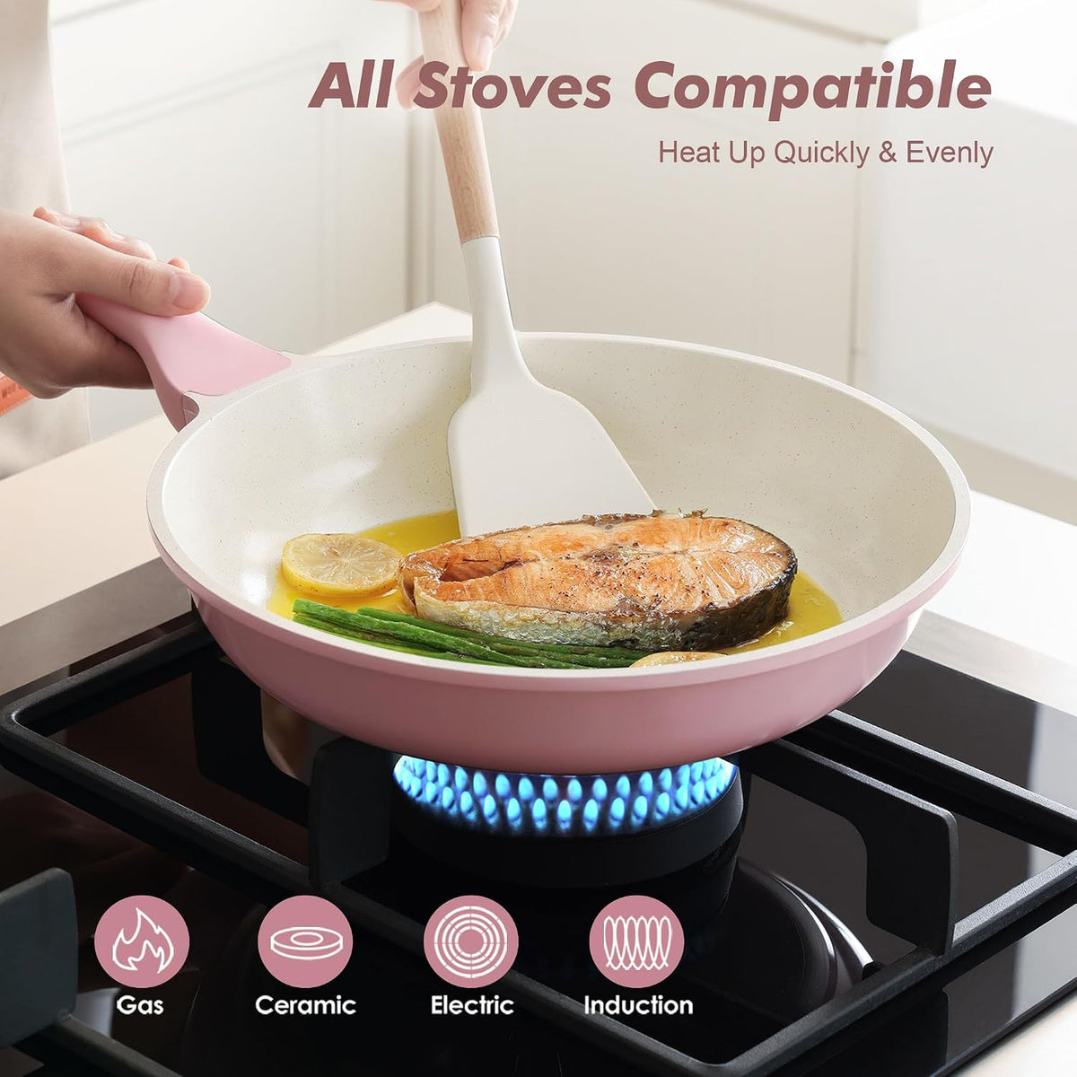 Nonstick Ceramic Frying Pan 9.5-Inch, Healthy Non Toxic Skillet, Induction Compatible Omelet Pan with Heat Resistant Handle, PFAS-Free, Pink