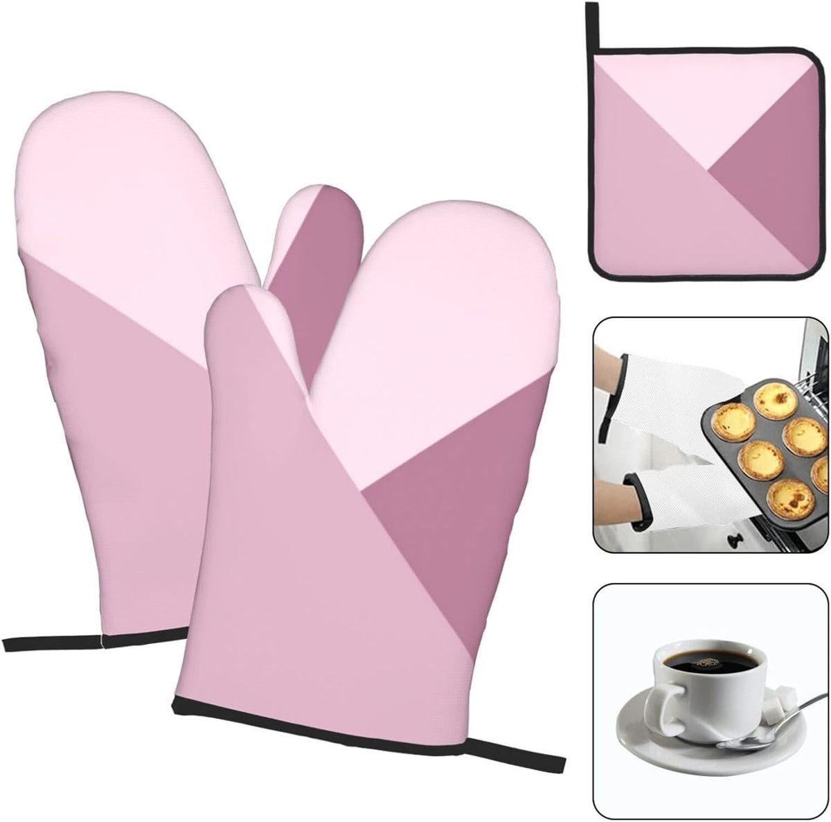 3 Pieces Oven Mitt and Pot Holder Sets, Dusty Rose Blush Pink Oven Mitts Set Heat Resistant Baking Gloves Kitchen Microwave for Cooking, BBQ
