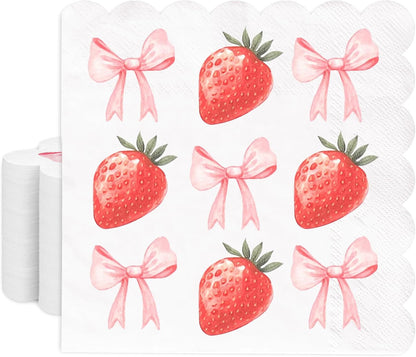 100Pcs Pink Bow Strawberry Paper Napkins Scalloped Edge Disposable Napkins Bowknot Fruit Luncheon Dinner Napkin for Wedding Birthday Party Table Supplies