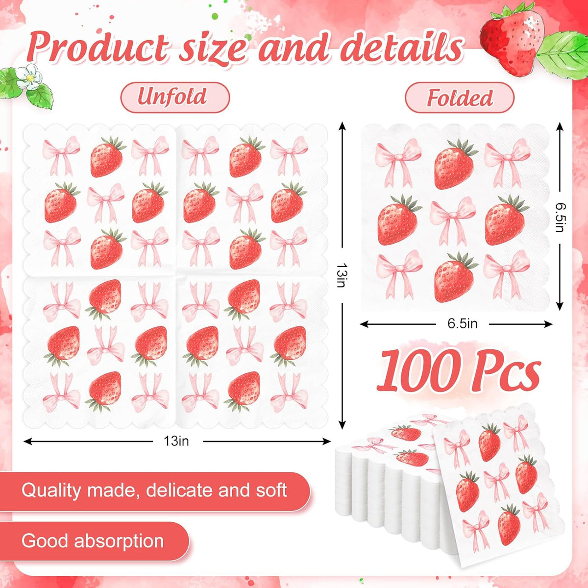 100Pcs Pink Bow Strawberry Paper Napkins Scalloped Edge Disposable Napkins Bowknot Fruit Luncheon Dinner Napkin for Wedding Birthday Party Table Supplies
