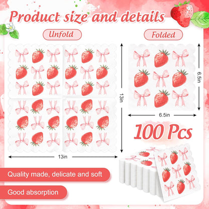 100Pcs Pink Bow Strawberry Paper Napkins Scalloped Edge Disposable Napkins Bowknot Fruit Luncheon Dinner Napkin for Wedding Birthday Party Table Supplies