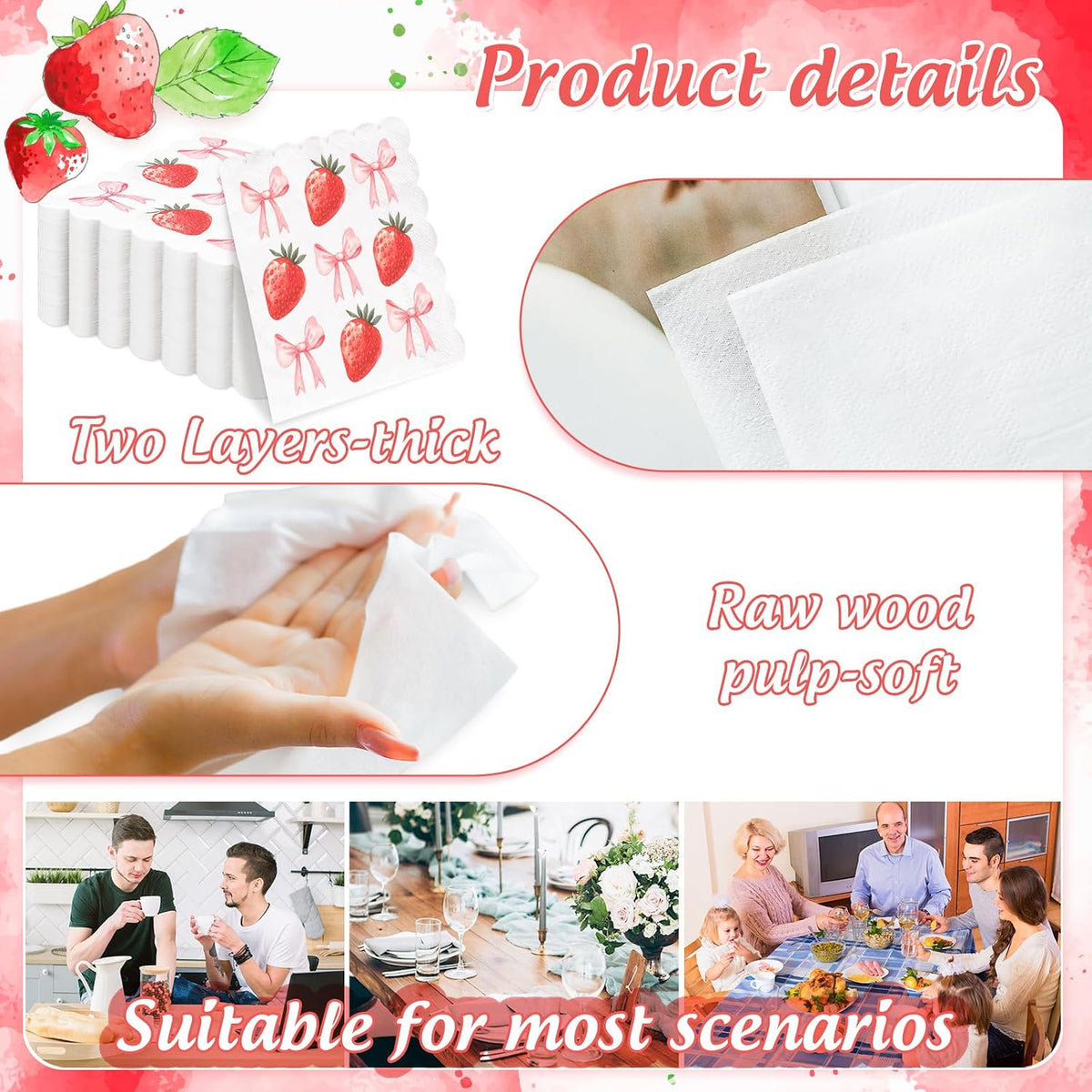 100Pcs Pink Bow Strawberry Paper Napkins Scalloped Edge Disposable Napkins Bowknot Fruit Luncheon Dinner Napkin for Wedding Birthday Party Table Supplies