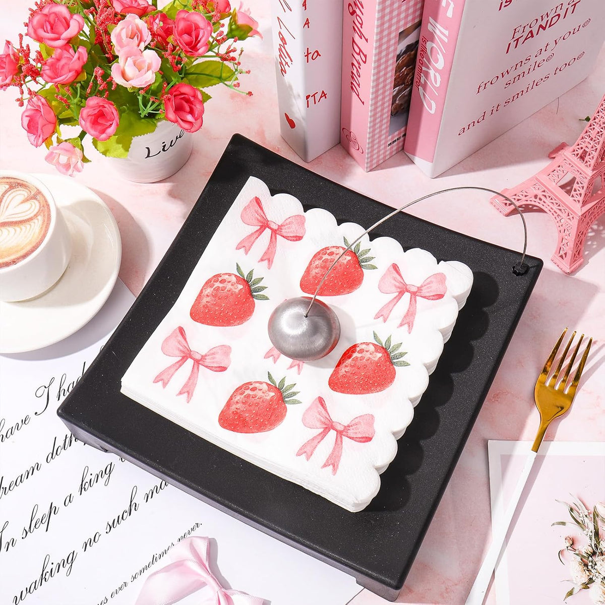 100Pcs Pink Bow Strawberry Paper Napkins Scalloped Edge Disposable Napkins Bowknot Fruit Luncheon Dinner Napkin for Wedding Birthday Party Table Supplies
