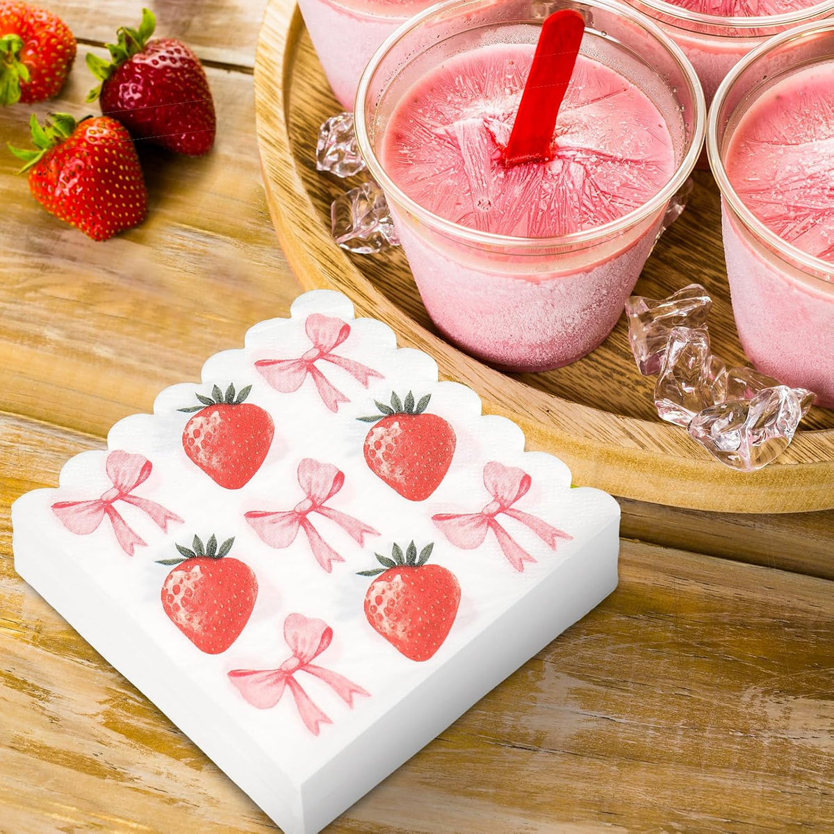 100Pcs Pink Bow Strawberry Paper Napkins Scalloped Edge Disposable Napkins Bowknot Fruit Luncheon Dinner Napkin for Wedding Birthday Party Table Supplies