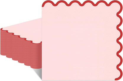 80 Pcs Pink Napkins with Red Trim; 3-Ply Paper Napkins Disposable; 5 x 5 Inch Scalloped Cocktail Napkin for Birthday, Wedding, Baby Shower, Wedding, Valentines; Pink Party Dessert Napkin
