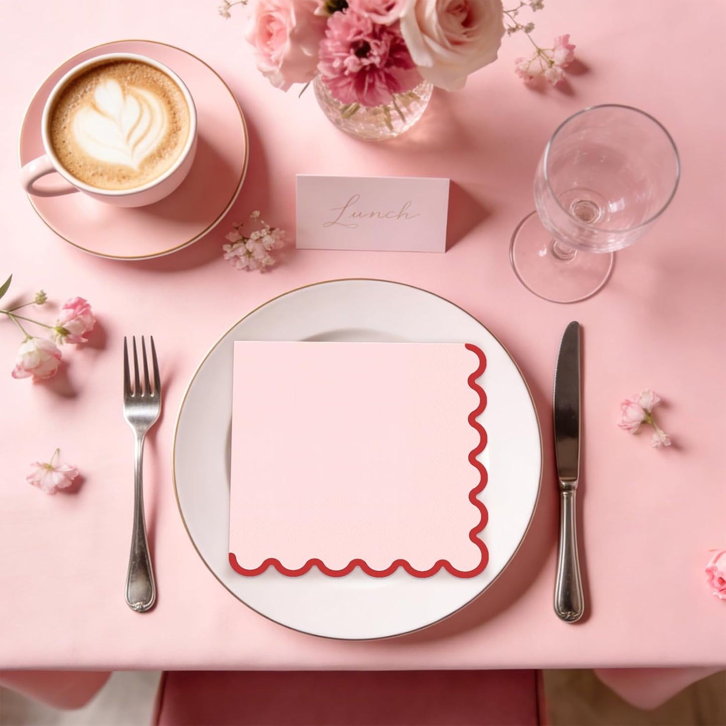 80 Pcs Pink Napkins with Red Trim; 3-Ply Paper Napkins Disposable; 5 x 5 Inch Scalloped Cocktail Napkin for Birthday, Wedding, Baby Shower, Wedding, Valentines; Pink Party Dessert Napkin