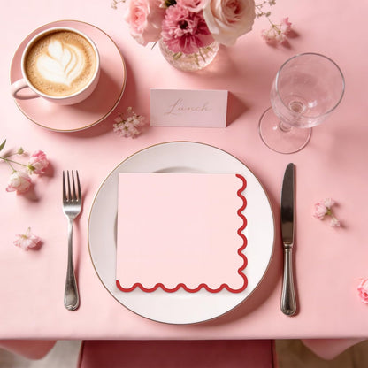 80 Pcs Pink Napkins with Red Trim; 3-Ply Paper Napkins Disposable; 5 x 5 Inch Scalloped Cocktail Napkin for Birthday, Wedding, Baby Shower, Wedding, Valentines; Pink Party Dessert Napkin