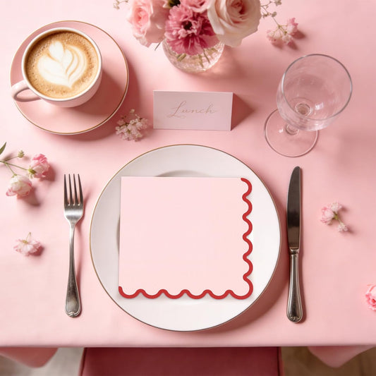 80 Pcs Pink Napkins with Red Trim; 3-Ply Paper Napkins Disposable; 5 x 5 Inch Scalloped Cocktail Napkin for Birthday, Wedding, Baby Shower, Wedding, Valentines; Pink Party Dessert Napkin