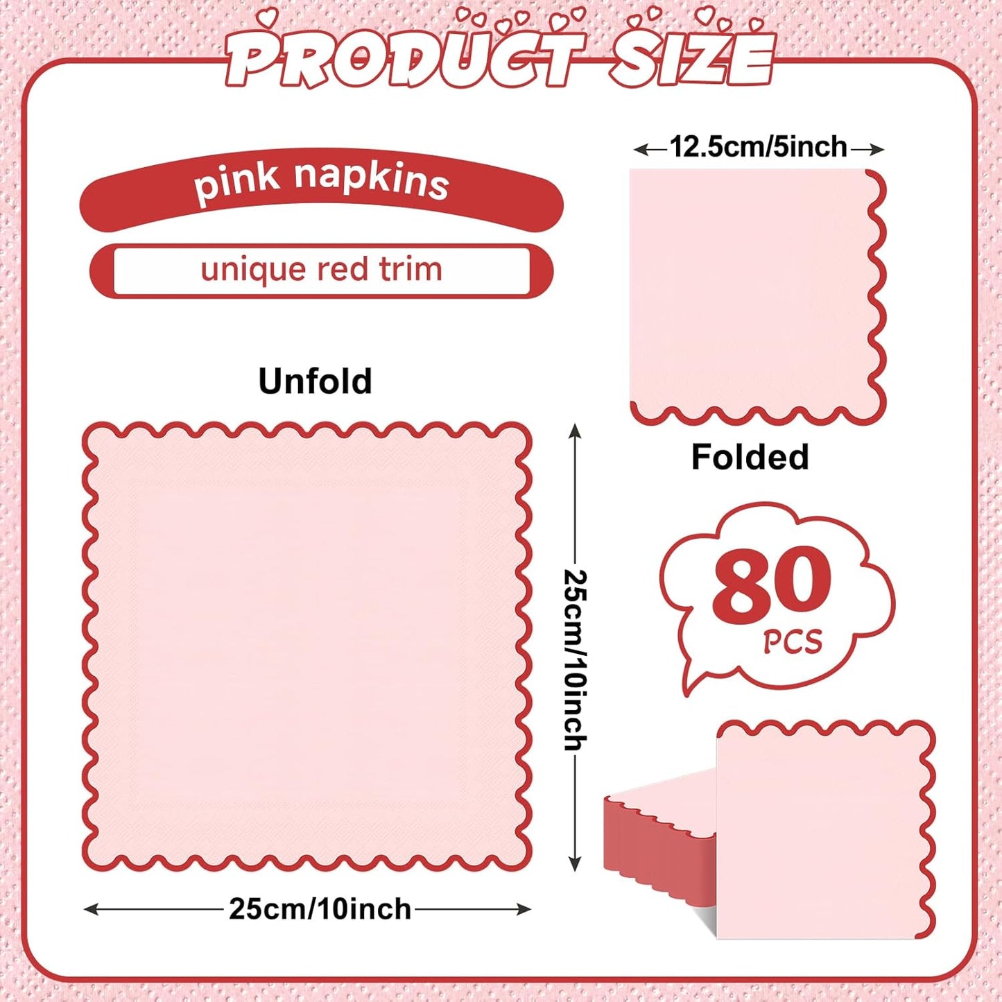 80 Pcs Pink Napkins with Red Trim; 3-Ply Paper Napkins Disposable; 5 x 5 Inch Scalloped Cocktail Napkin for Birthday, Wedding, Baby Shower, Wedding, Valentines; Pink Party Dessert Napkin
