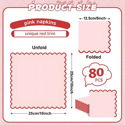 80 Pcs Pink Napkins with Red Trim; 3-Ply Paper Napkins Disposable; 5 x 5 Inch Scalloped Cocktail Napkin for Birthday, Wedding, Baby Shower, Wedding, Valentines; Pink Party Dessert Napkin