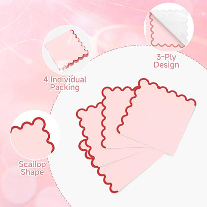 80 Pcs Pink Napkins with Red Trim; 3-Ply Paper Napkins Disposable; 5 x 5 Inch Scalloped Cocktail Napkin for Birthday, Wedding, Baby Shower, Wedding, Valentines; Pink Party Dessert Napkin
