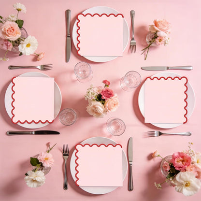 80 Pcs Pink Napkins with Red Trim; 3-Ply Paper Napkins Disposable; 5 x 5 Inch Scalloped Cocktail Napkin for Birthday, Wedding, Baby Shower, Wedding, Valentines; Pink Party Dessert Napkin