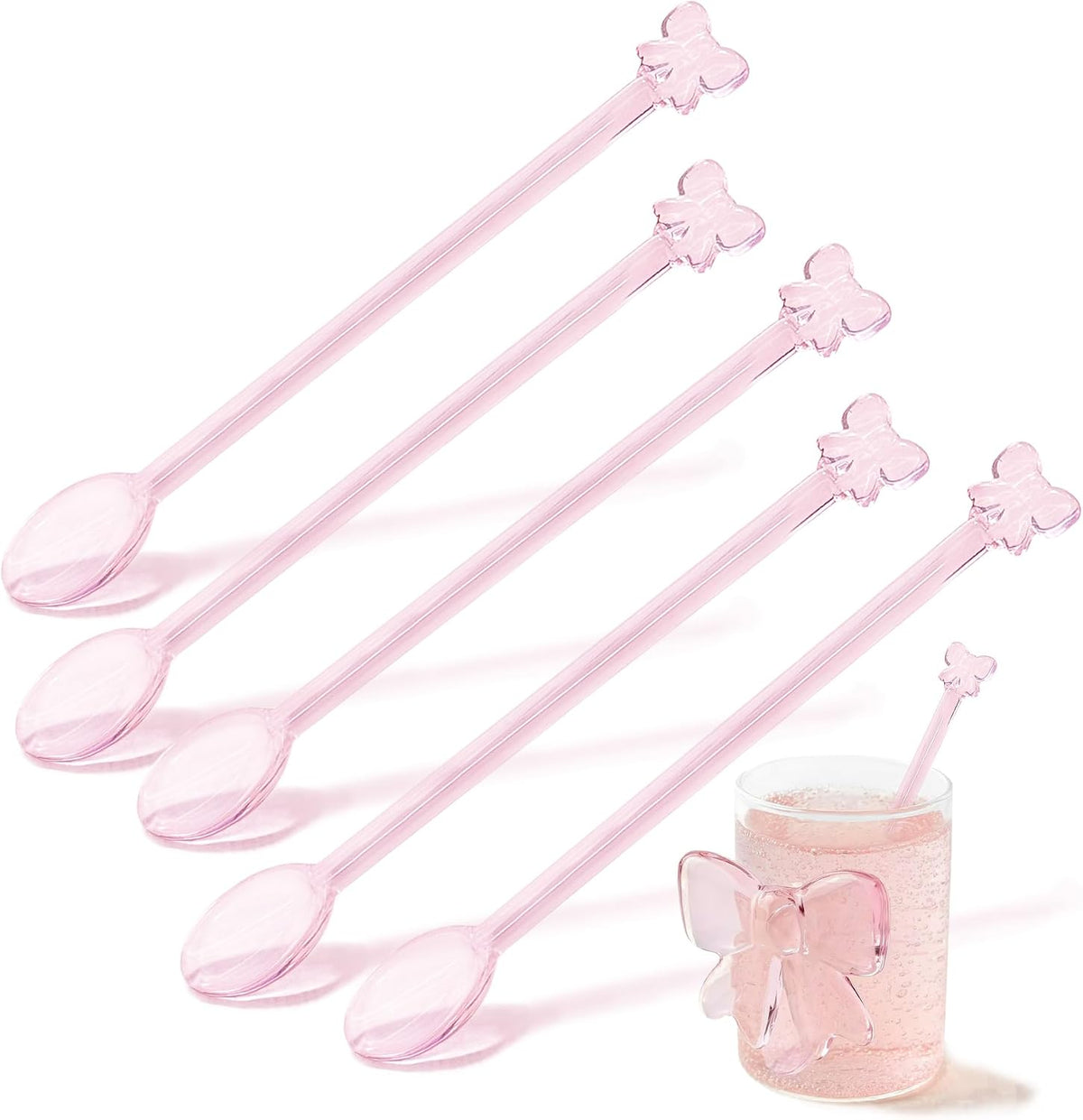 5Pcs Adorable Pink Bow Glass Stirring Spoon,5.9" Fun & Girly Teaspoon for Coffee, Tea, Desserts,Cocktails, Hot Chocolate, Scooping Sugar, Honey,Cute & Whimsical Spoon for Wedding