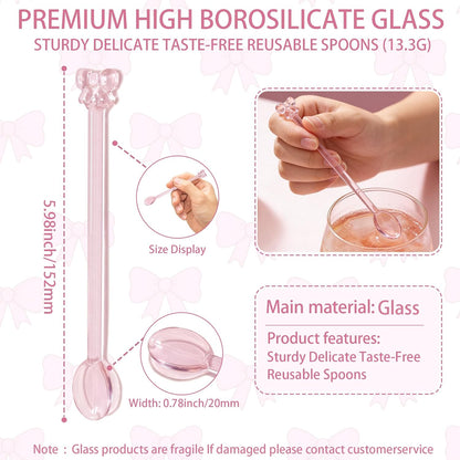 5Pcs Adorable Pink Bow Glass Stirring Spoon,5.9" Fun & Girly Teaspoon for Coffee, Tea, Desserts,Cocktails, Hot Chocolate, Scooping Sugar, Honey,Cute & Whimsical Spoon for Wedding