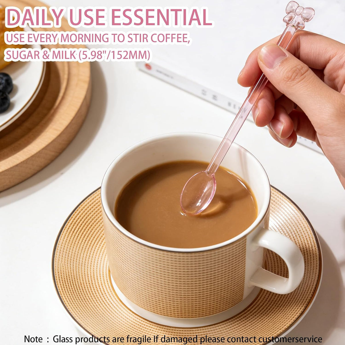5Pcs Adorable Pink Bow Glass Stirring Spoon,5.9" Fun & Girly Teaspoon for Coffee, Tea, Desserts,Cocktails, Hot Chocolate, Scooping Sugar, Honey,Cute & Whimsical Spoon for Wedding