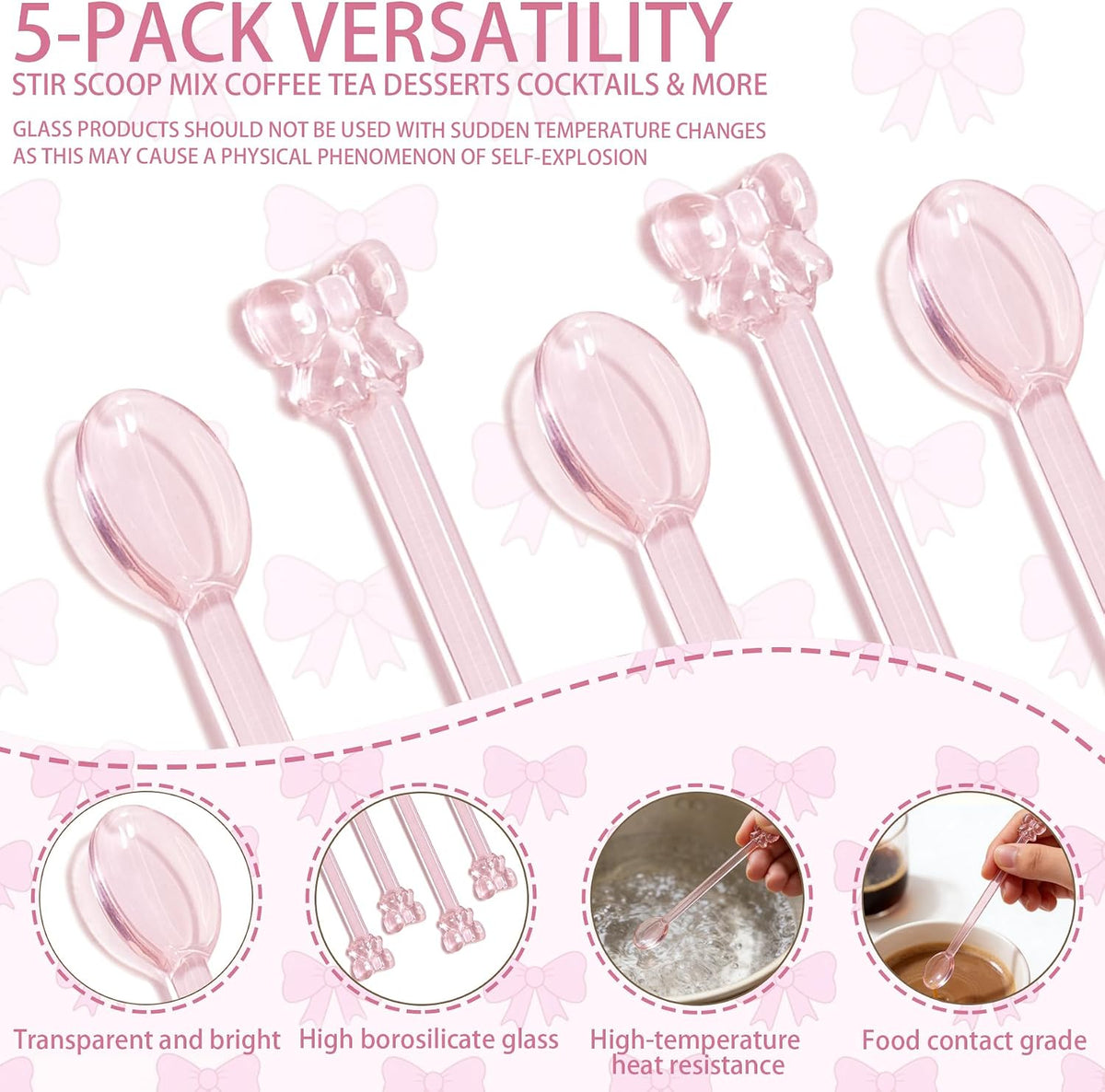 5Pcs Adorable Pink Bow Glass Stirring Spoon,5.9" Fun & Girly Teaspoon for Coffee, Tea, Desserts,Cocktails, Hot Chocolate, Scooping Sugar, Honey,Cute & Whimsical Spoon for Wedding