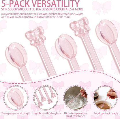 5Pcs Adorable Pink Bow Glass Stirring Spoon,5.9" Fun & Girly Teaspoon for Coffee, Tea, Desserts,Cocktails, Hot Chocolate, Scooping Sugar, Honey,Cute & Whimsical Spoon for Wedding