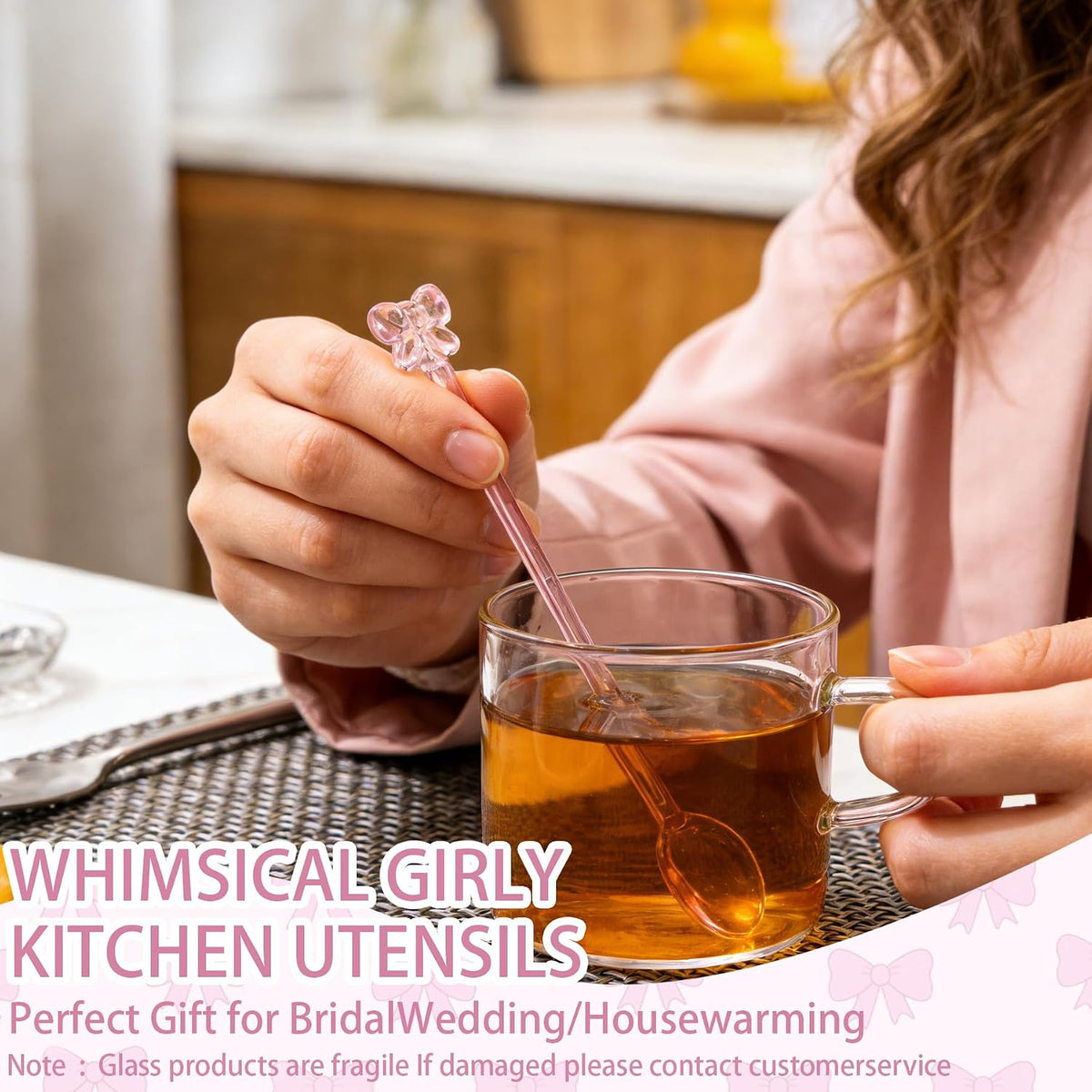 5Pcs Adorable Pink Bow Glass Stirring Spoon,5.9" Fun & Girly Teaspoon for Coffee, Tea, Desserts,Cocktails, Hot Chocolate, Scooping Sugar, Honey,Cute & Whimsical Spoon for Wedding