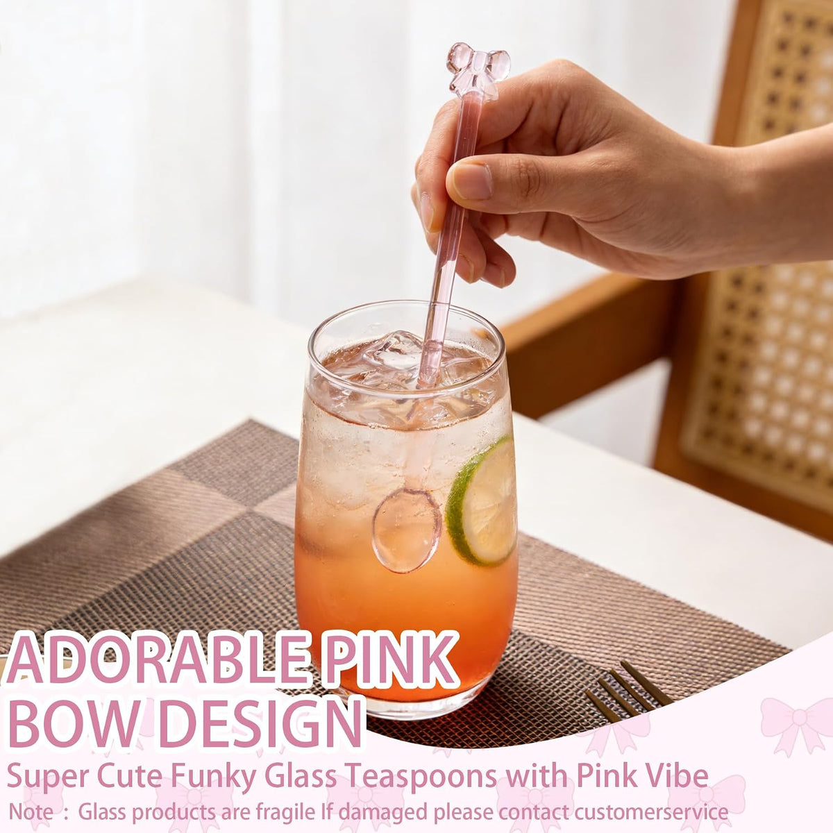 5Pcs Adorable Pink Bow Glass Stirring Spoon,5.9" Fun & Girly Teaspoon for Coffee, Tea, Desserts,Cocktails, Hot Chocolate, Scooping Sugar, Honey,Cute & Whimsical Spoon for Wedding
