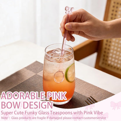 5Pcs Adorable Pink Bow Glass Stirring Spoon,5.9" Fun & Girly Teaspoon for Coffee, Tea, Desserts,Cocktails, Hot Chocolate, Scooping Sugar, Honey,Cute & Whimsical Spoon for Wedding