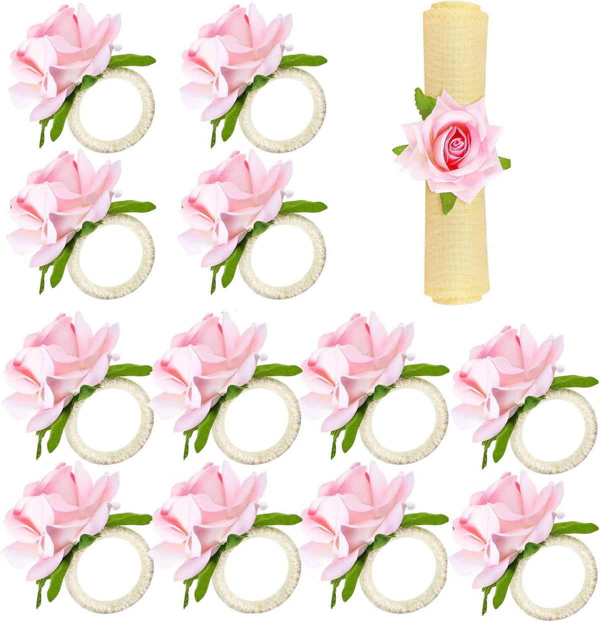 Flower Napkin Rings Set of 12,Pink Rose Flower Handmade Napkin Holder Rings Table Decorations for Wedding,Fall,Daily Party,Picnics,Banquet,Luncheons,Birthday,Christmas,Valentine's,Thanksgiving