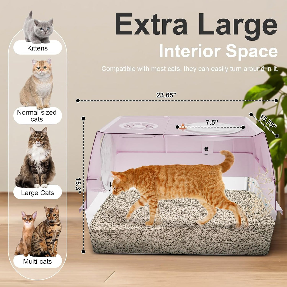 Stainless Steel Litter Box with Lid, XL Extra Large Litter Box, Enclosed Top Entry Metal Litterbox for Big Cat, Easy Cleaning, Anti-Leakage & High Sided with Mat, Aisle & Scoop, Pink