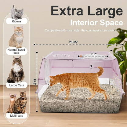 Stainless Steel Litter Box with Lid, XL Extra Large Litter Box, Enclosed Top Entry Metal Litterbox for Big Cat, Easy Cleaning, Anti-Leakage & High Sided with Mat, Aisle & Scoop, Pink