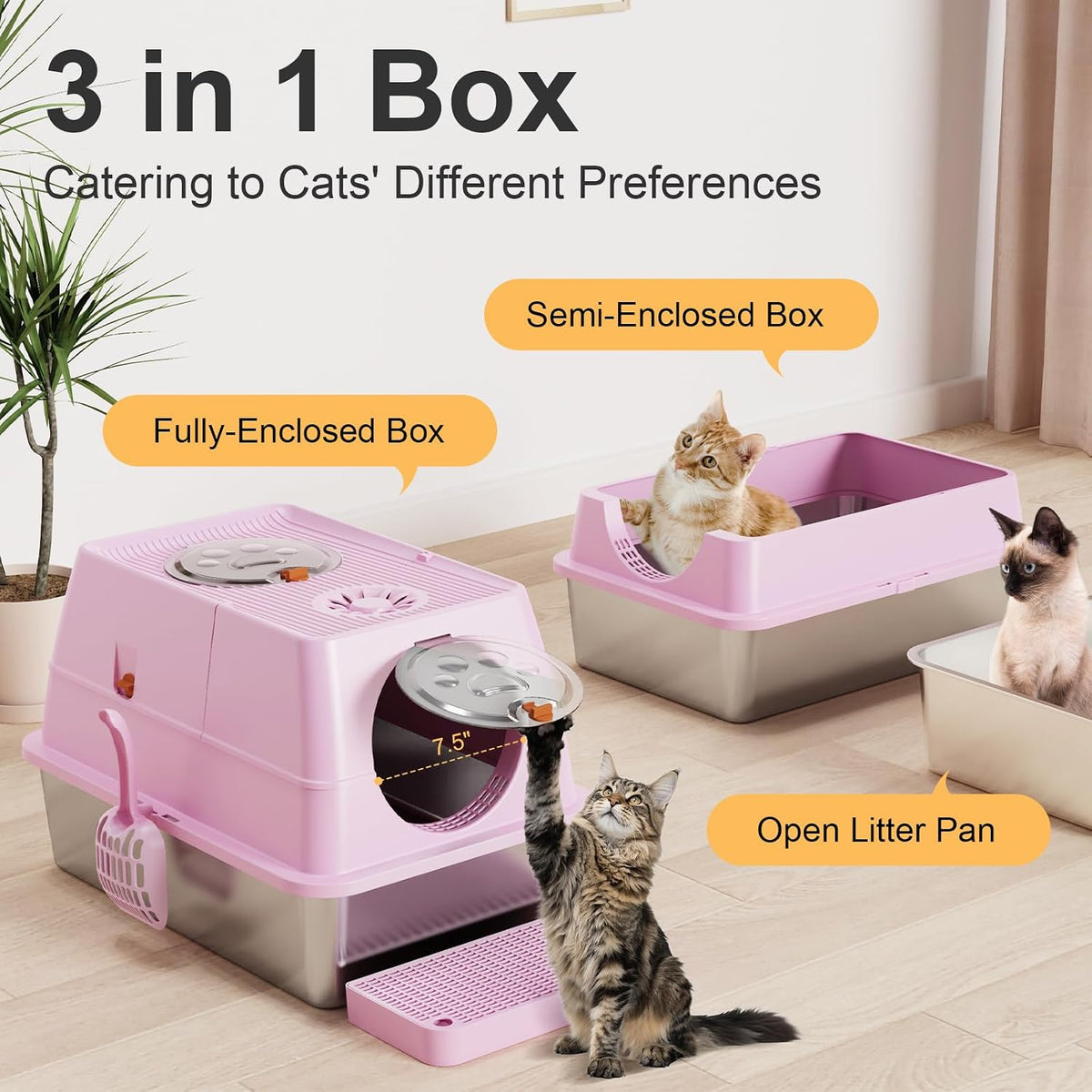 Stainless Steel Litter Box with Lid, XL Extra Large Litter Box, Enclosed Top Entry Metal Litterbox for Big Cat, Easy Cleaning, Anti-Leakage & High Sided with Mat, Aisle & Scoop, Pink