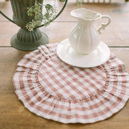 Rosehill Cottage Dusty Rose Gingham Round Ruffled Cotton Placemats - Set of 6-15in Pink & Natural Table Mats