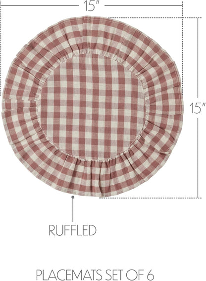 Rosehill Cottage Dusty Rose Gingham Round Ruffled Cotton Placemats - Set of 6-15in Pink & Natural Table Mats