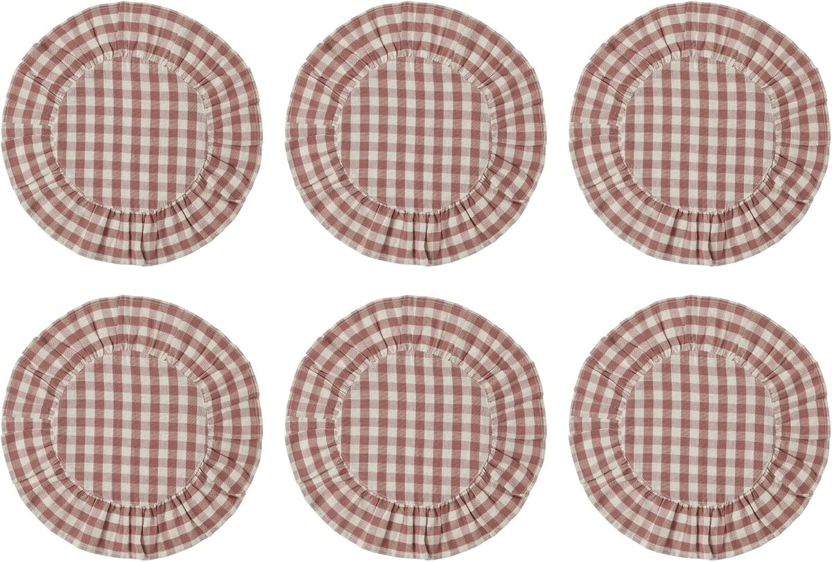 Rosehill Cottage Dusty Rose Gingham Round Ruffled Cotton Placemats - Set of 6-15in Pink & Natural Table Mats