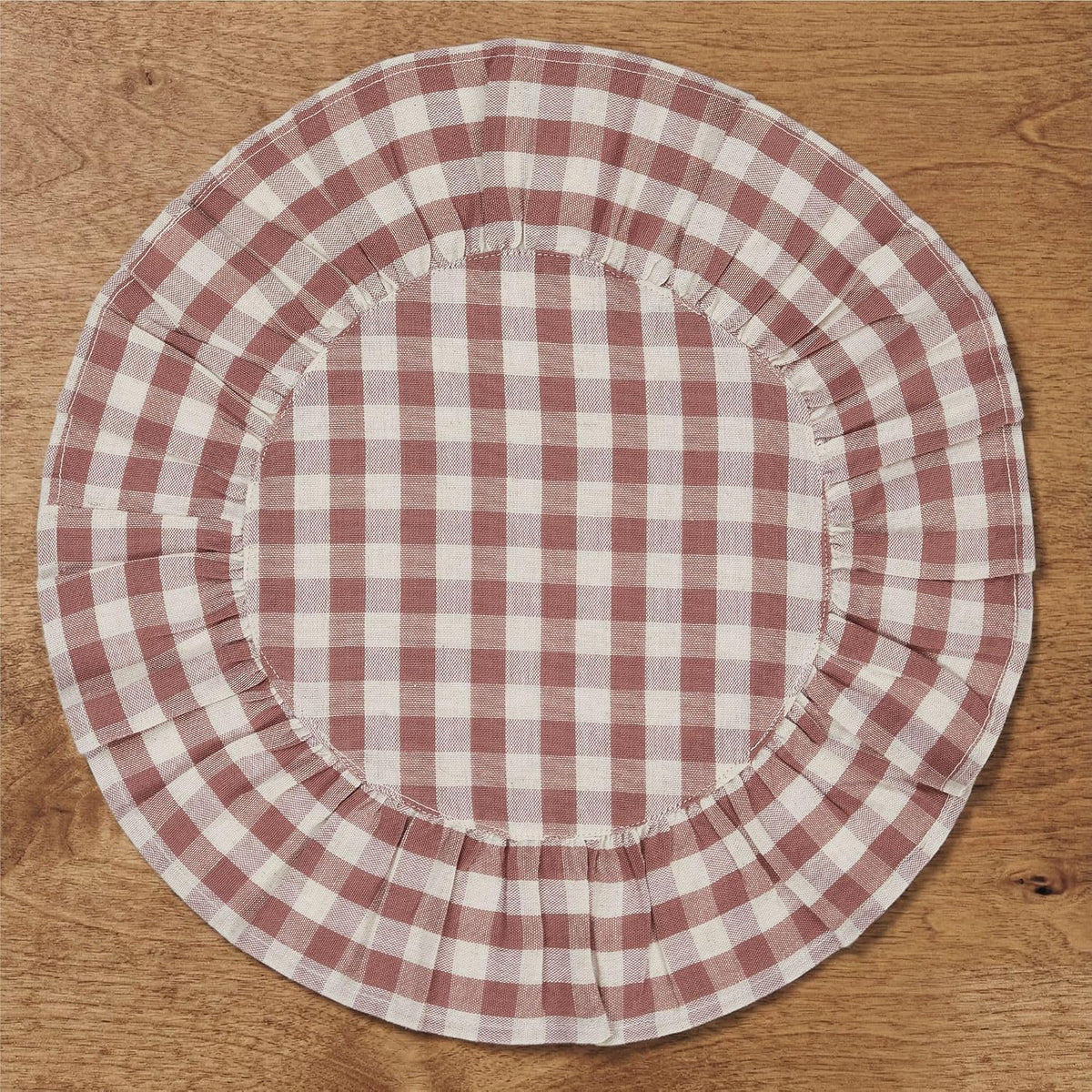 Rosehill Cottage Dusty Rose Gingham Round Ruffled Cotton Placemats - Set of 6-15in Pink & Natural Table Mats