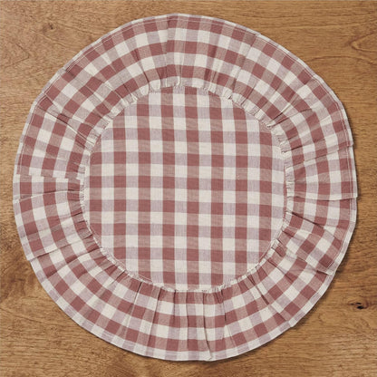 Rosehill Cottage Dusty Rose Gingham Round Ruffled Cotton Placemats - Set of 6-15in Pink & Natural Table Mats