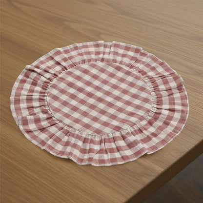 Rosehill Cottage Dusty Rose Gingham Round Ruffled Cotton Placemats - Set of 6-15in Pink & Natural Table Mats