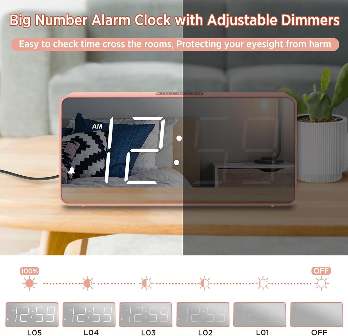 Digital Alarm Clock for Bedroom Bedside, Large Display 5 Dimmers