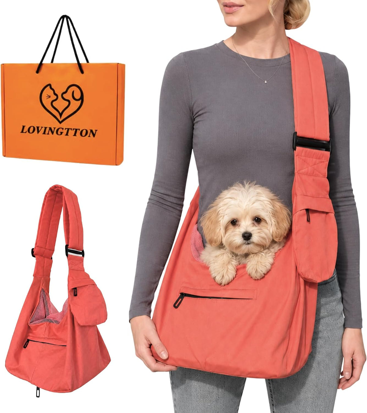 Dog Sling Carrier for Small Dogs and Cats up to 9 lbs, Adjustable Dog Carrier Sling for Puppies, Hands-Free Pet Sling, Breathable Cat Sling Carrier, Machine Washable (Sunset Pink)