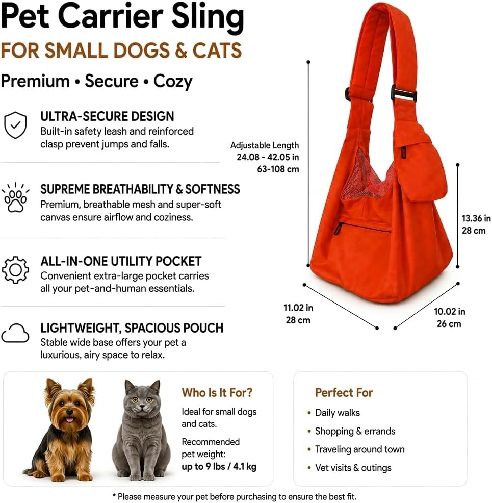 Dog Sling Carrier for Small Dogs and Cats up to 9 lbs, Adjustable Dog Carrier Sling for Puppies, Hands-Free Pet Sling, Breathable Cat Sling Carrier, Machine Washable (Sunset Pink)