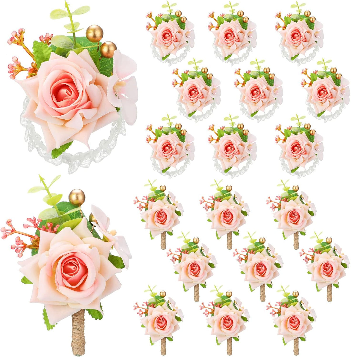 20 Pcs Pink Rose Corsage and Boutonniere Set for Wedding