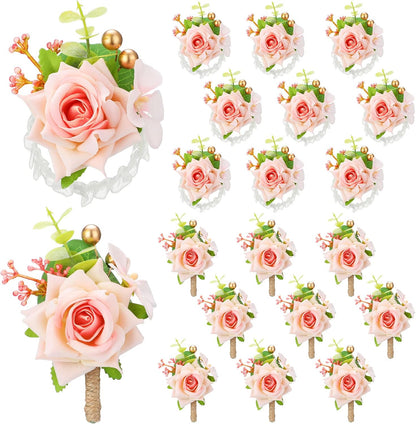 20 Pcs Pink Rose Corsage and Boutonniere Set for Wedding